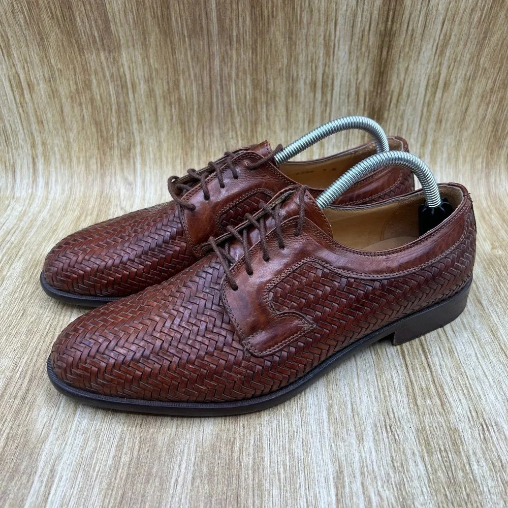 Johnston & Murphy Domani Oxford Men's 9 M Brown Woven Leather Made in Italy 6300
